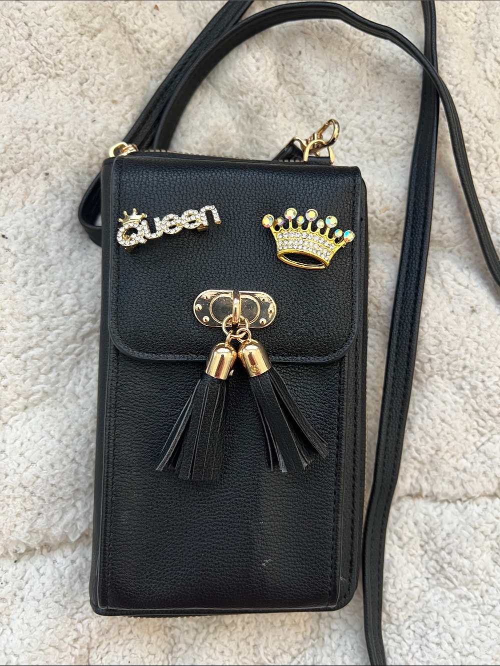 Black Crossbody Phone Bag with Tassels. two brooches added-Queen and crown. - Picture 7 of 7